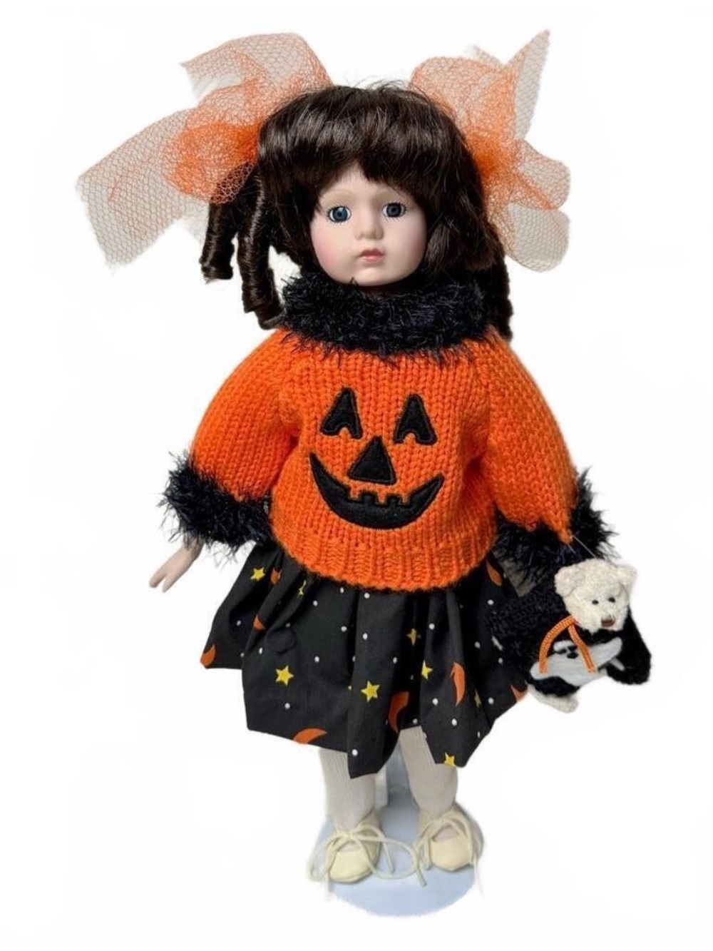 Rare Vintage Handmade Porcelain Halloween Doll Pumpkin Sweater, Bear & Stand